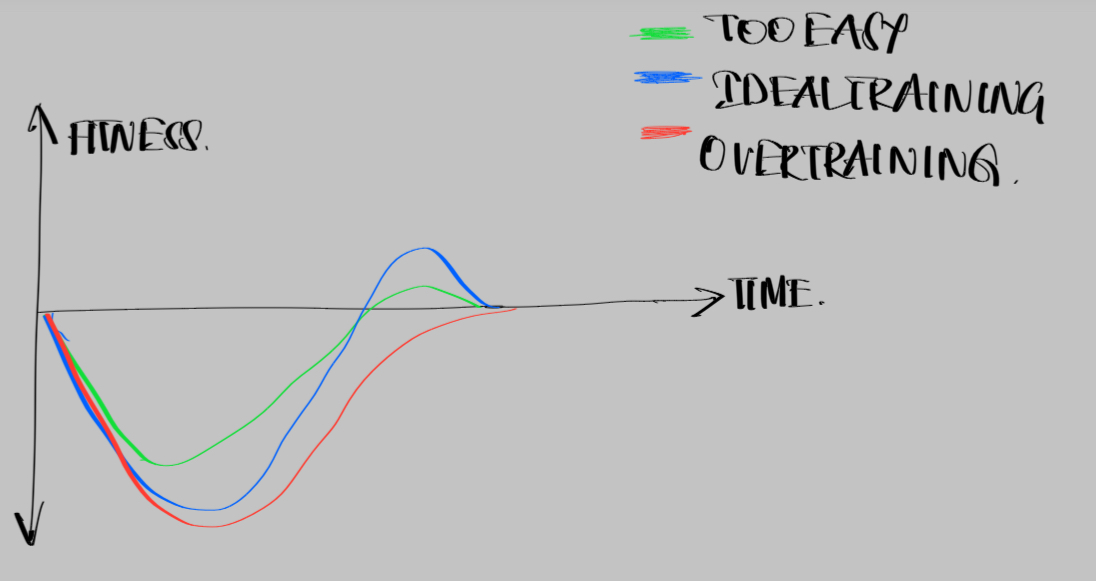 Diagram comparing three training intensity curves: too easy, ideal training, and overtraining
